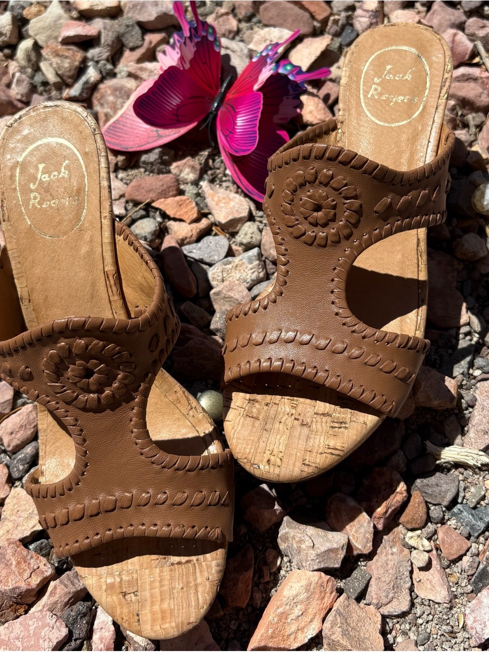 Jack Rogers Brown Leather Cork Wedge Slide Sandals 7.5